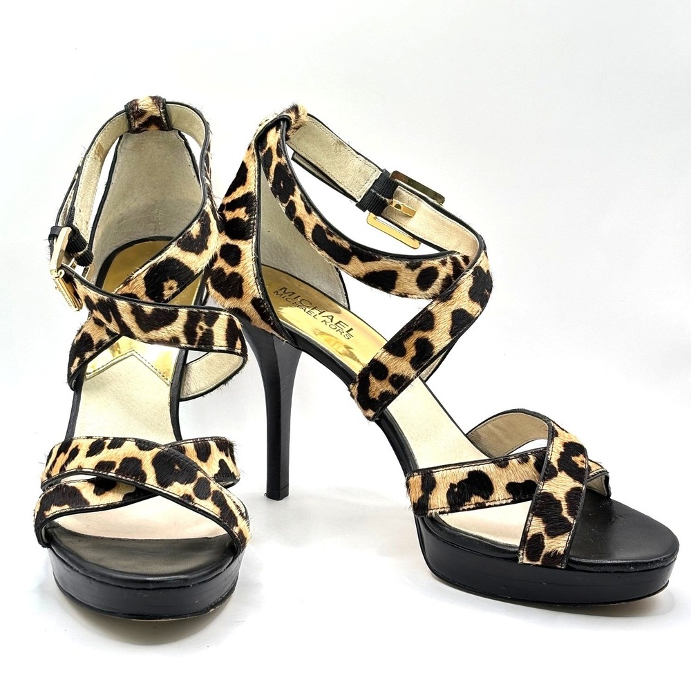 Michael Kors Women Leopard Print Calf Hair Platform Stiletto Sandals Brown Black